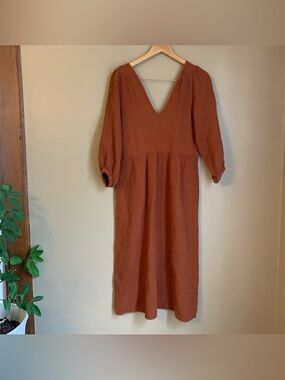 Madewell Double Gauze Midi Dress Cotton Pockets V Neck Burnt Orange minimalist S
